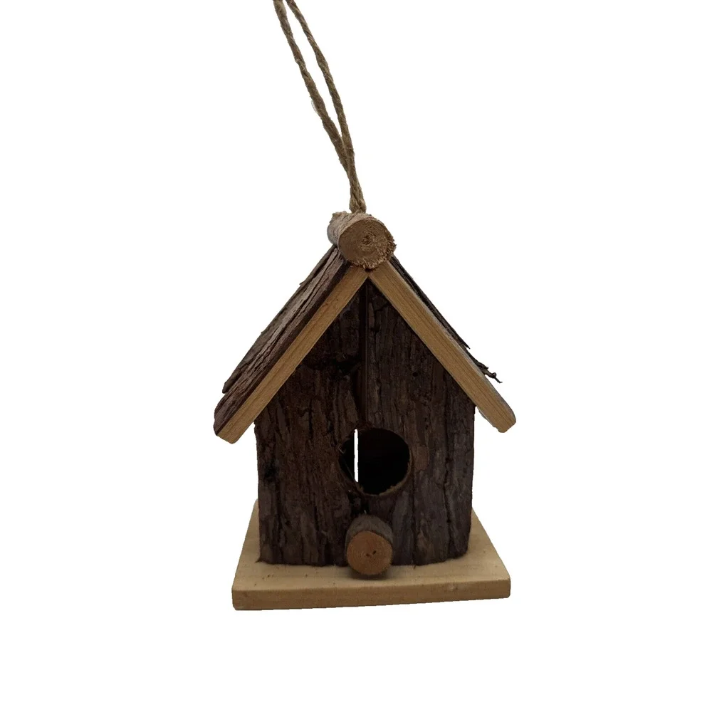Rustic Farmhouse Cabin Wooden Bird House - Wood Bark Hanging Perch